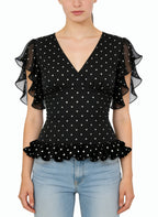 Women's Ruffled V-neck Polka-dot Short Sleeve Top
