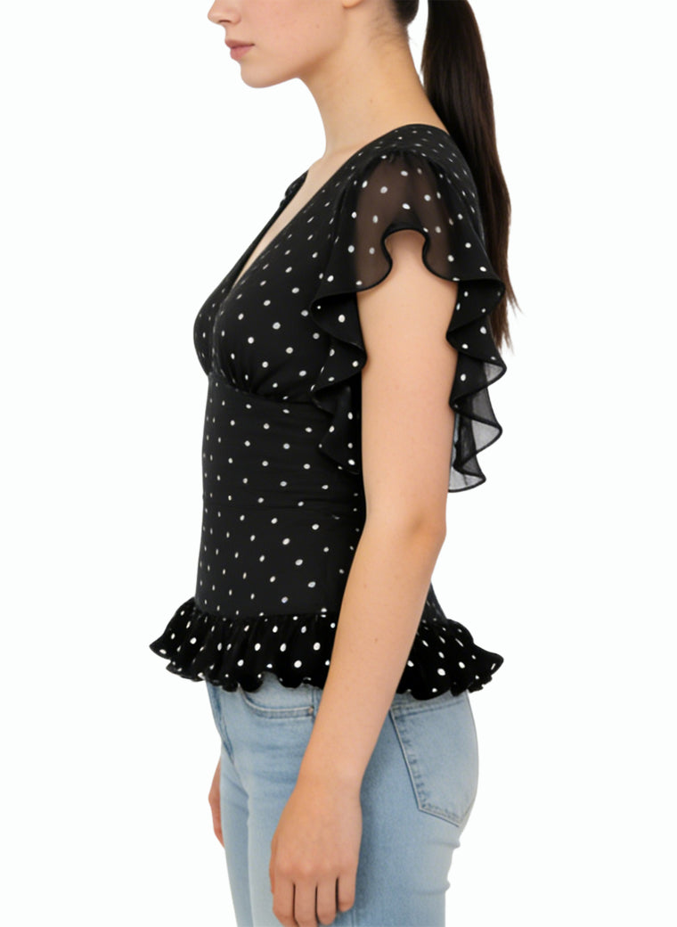 Women's Ruffled V-neck Polka-dot Short Sleeve Top