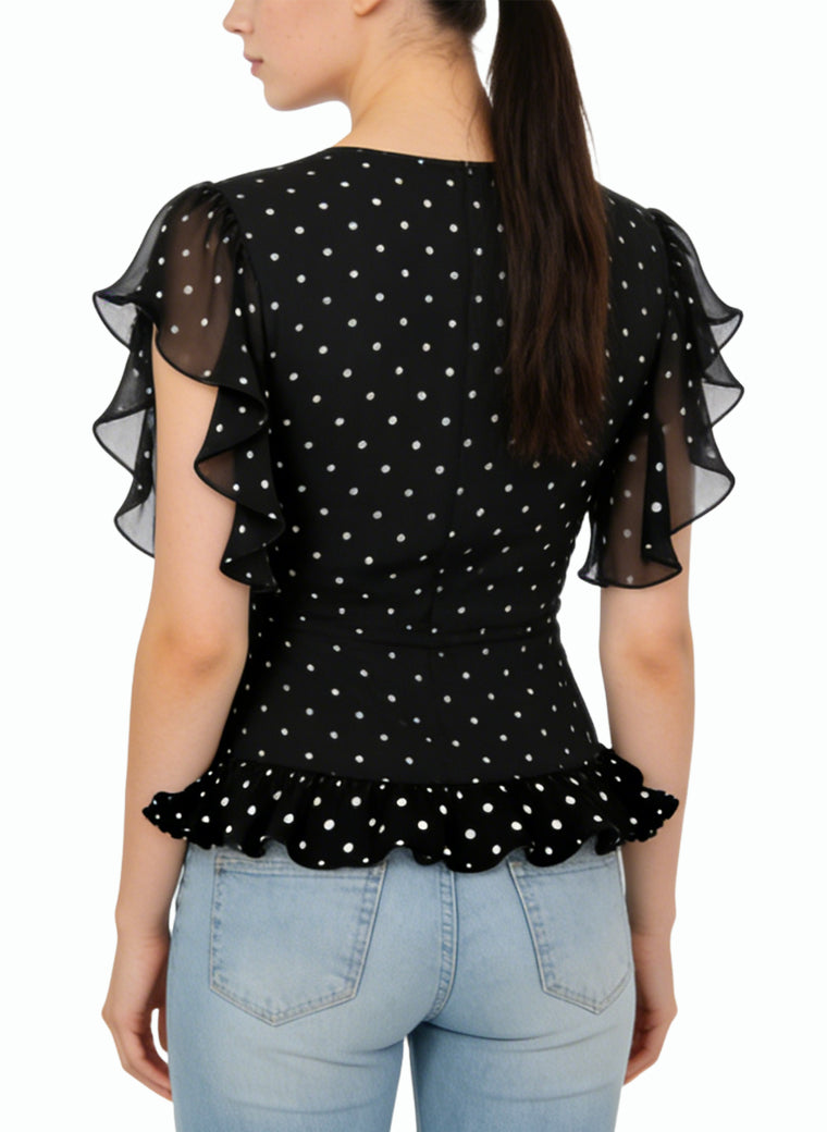 Women's Ruffled V-neck Polka-dot Short Sleeve Top