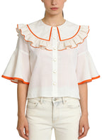 Women's Peter Pan Collar Ruffled Short Sleeve Top