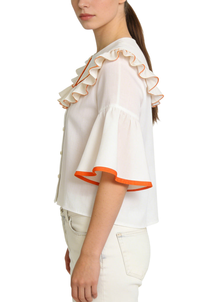 Women's Peter Pan Collar Ruffled Short Sleeve Top