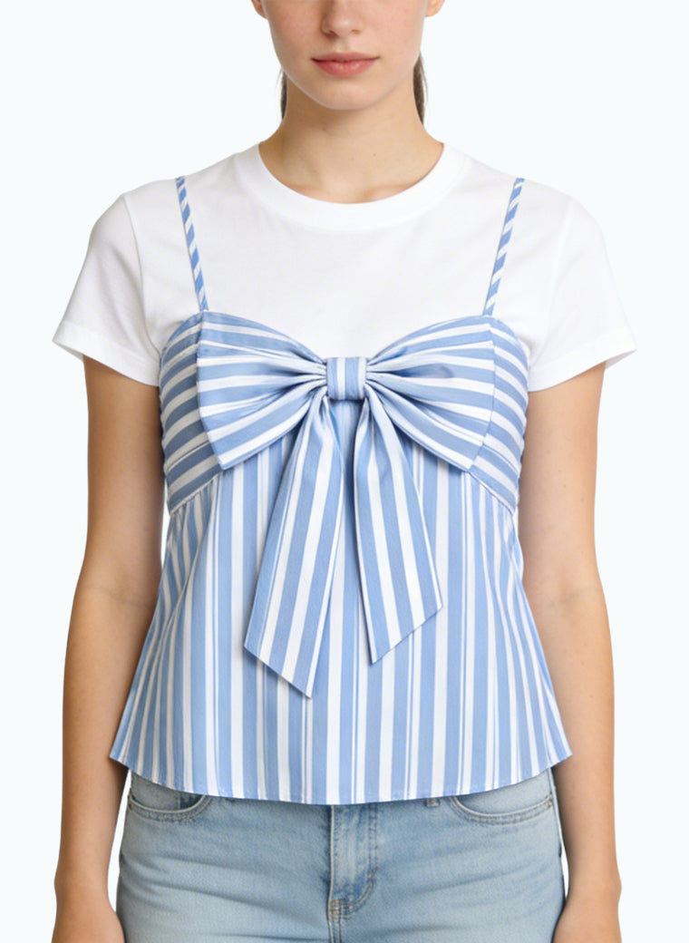 Women's Bow-detail Striped Short Sleeve Top