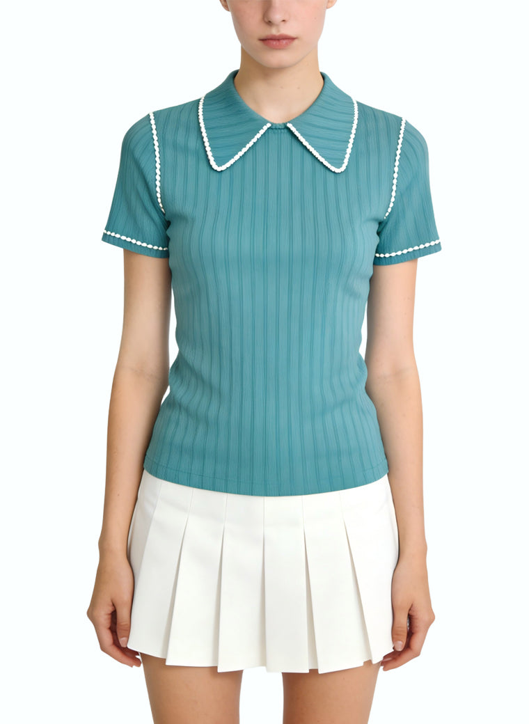 Women's Ribbed Peter Pan Collar Short Sleeve Top