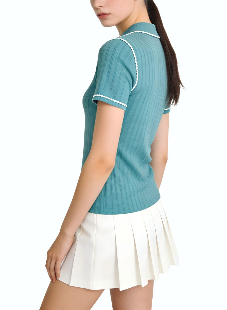 Women's Ribbed Peter Pan Collar Short Sleeve Top