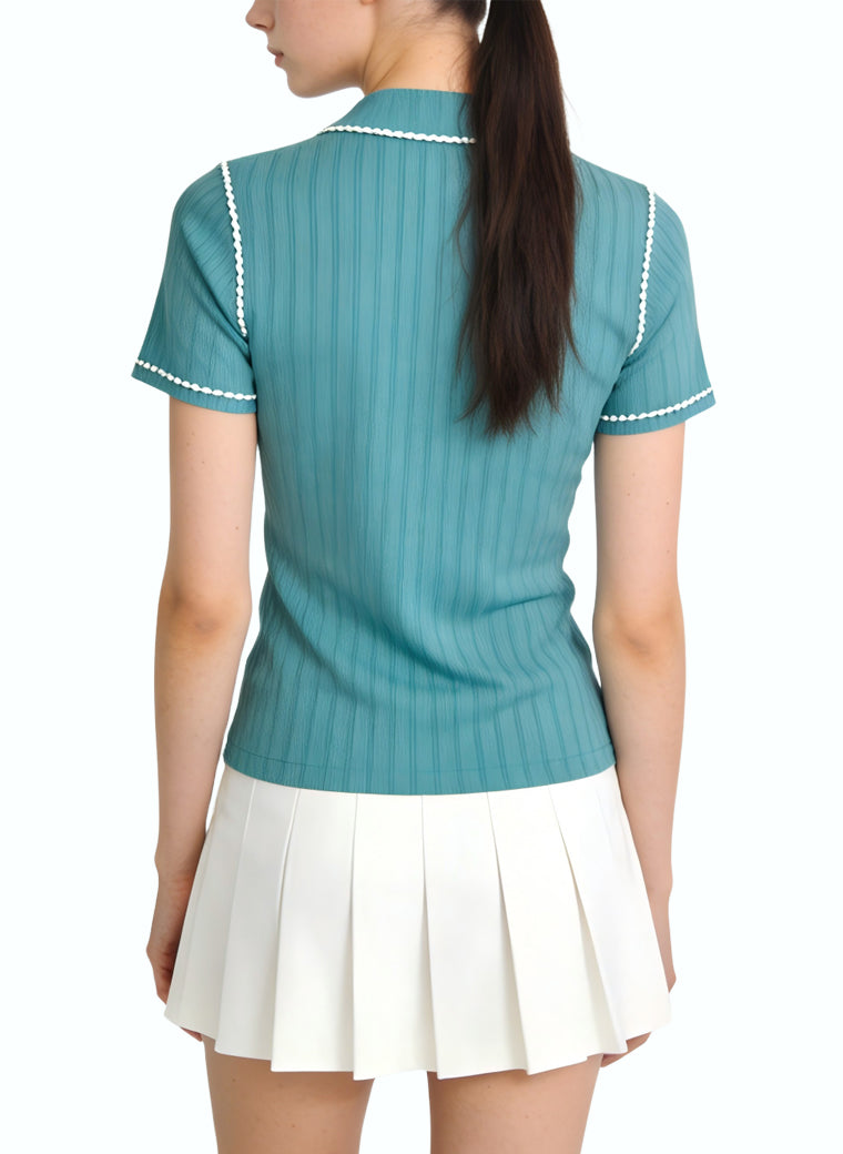 Women's Ribbed Peter Pan Collar Short Sleeve Top