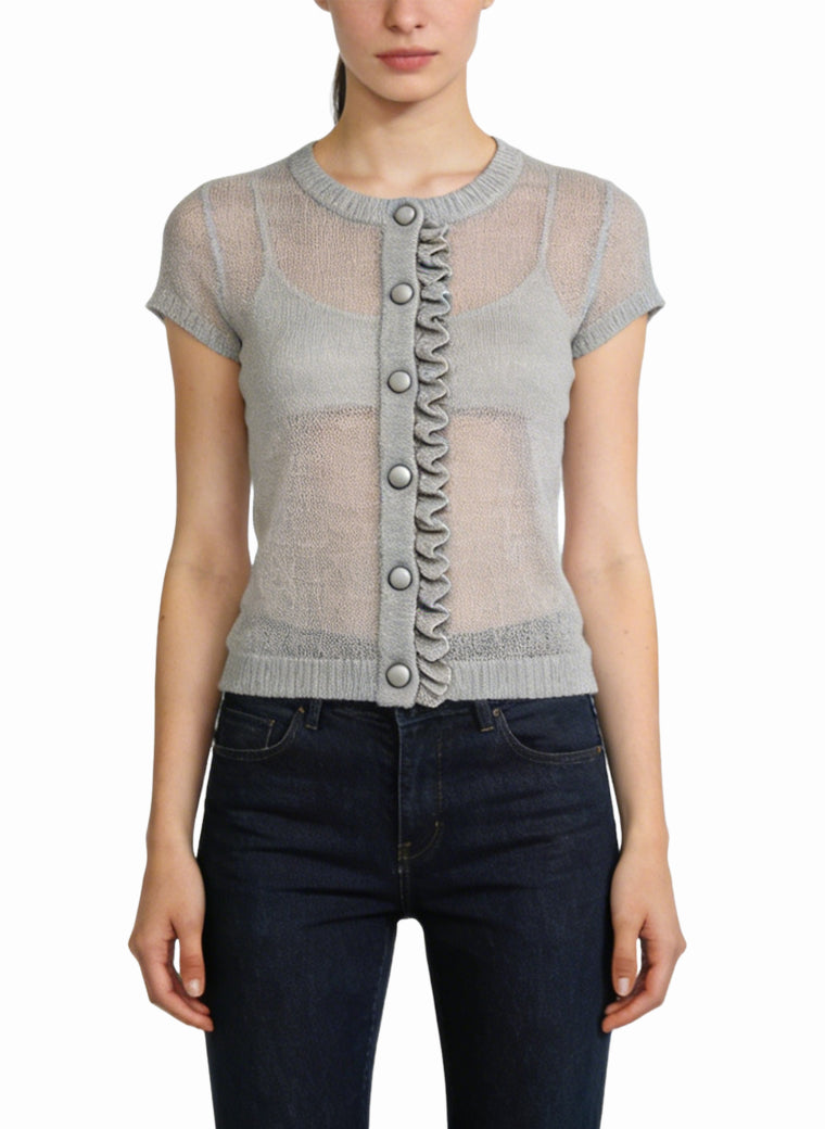 Women's Sheer Button-front Fitted Short Sleeve Top