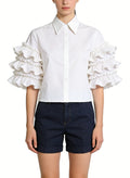 Women's Ruffled Puff-sleeve Button-down Short Sleeve Top