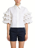 Women's Ruffled Puff-sleeve Button-down Short Sleeve Top