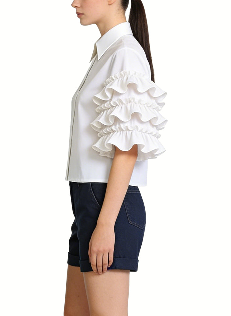 Women's Ruffled Puff-sleeve Button-down Short Sleeve Top