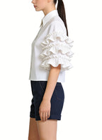 Women's Ruffled Puff-sleeve Button-down Short Sleeve Top