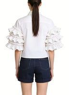 Women's Ruffled Puff-sleeve Button-down Short Sleeve Top