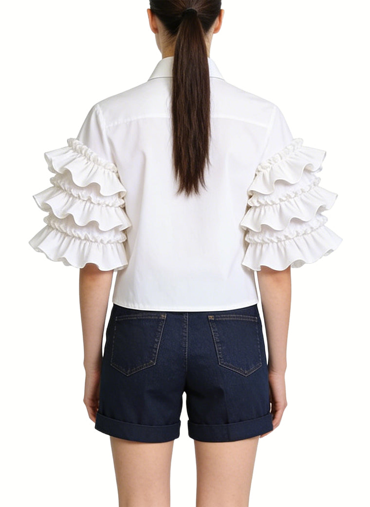 Women's Ruffled Puff-sleeve Button-down Short Sleeve Top