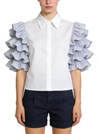 Women's Layered Ruffled Puff-sleeve Button-down Top