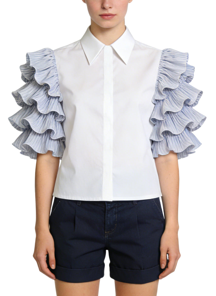 Women's Layered Ruffled Puff-sleeve Button-down Top