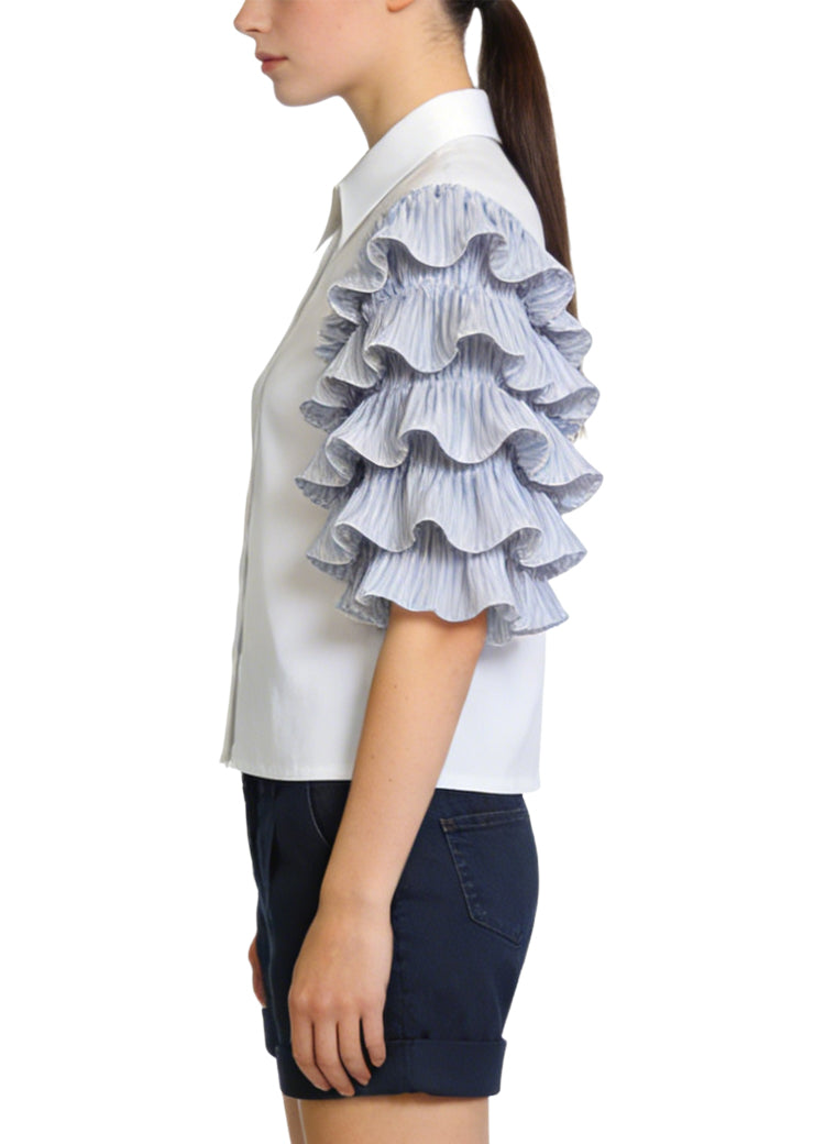 Women's Layered Ruffled Puff-sleeve Button-down Top