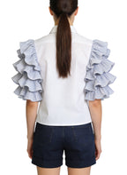 Women's Layered Ruffled Puff-sleeve Button-down Top