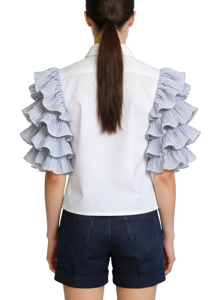Women's Layered Ruffled Puff-sleeve Button-down Top