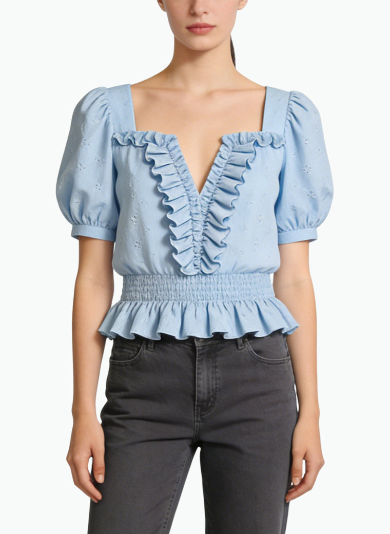 Women's Ruffled V-neck Peplum Short Sleeve Top