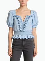 Women's Ruffled V-neck Peplum Short Sleeve Top