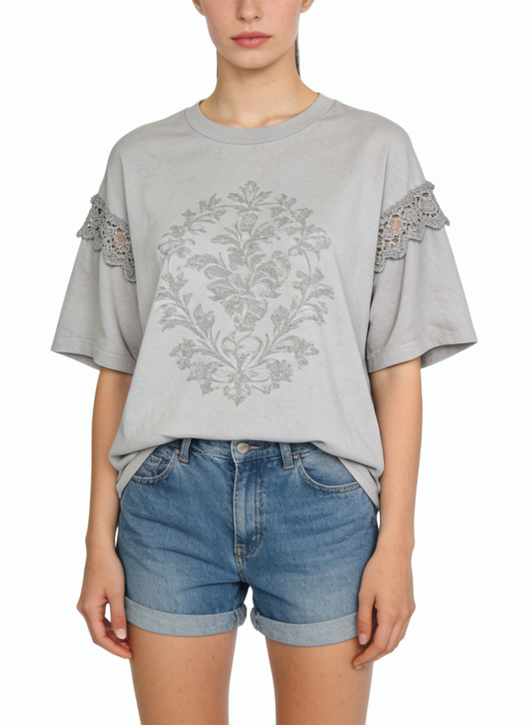 Women's Embroidered Lace-trim Crew-neck Top