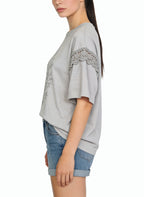 Women's Embroidered Lace-trim Crew-neck Top