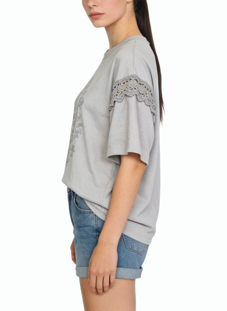 Women's Embroidered Lace-trim Crew-neck Top