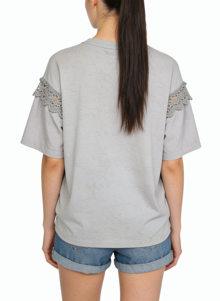 Women's Embroidered Lace-trim Crew-neck Top