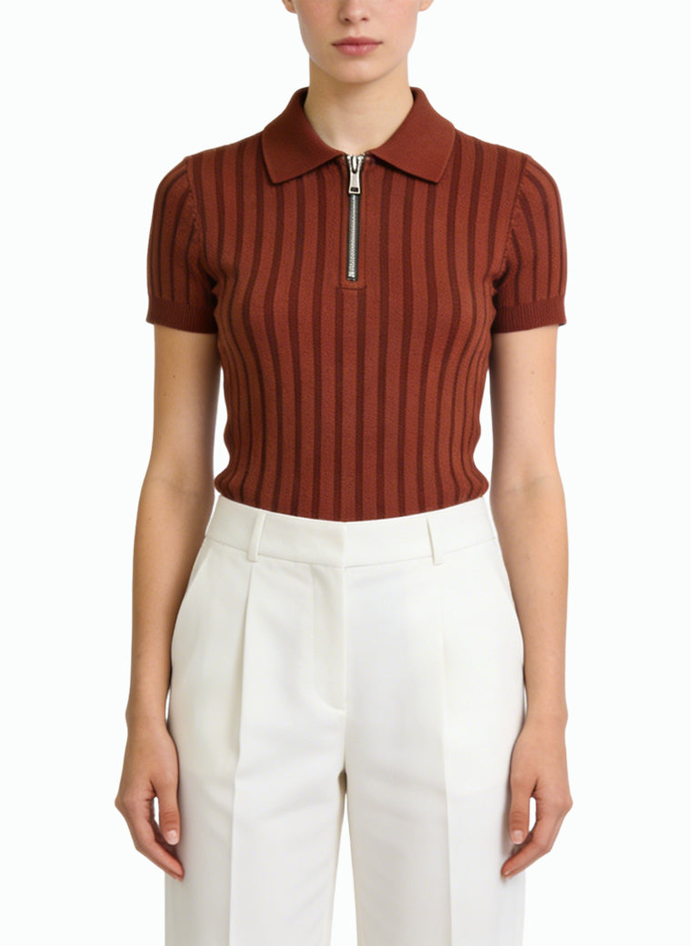 Women's Ribbed Half-zip Mock-neck Short Sleeve Top