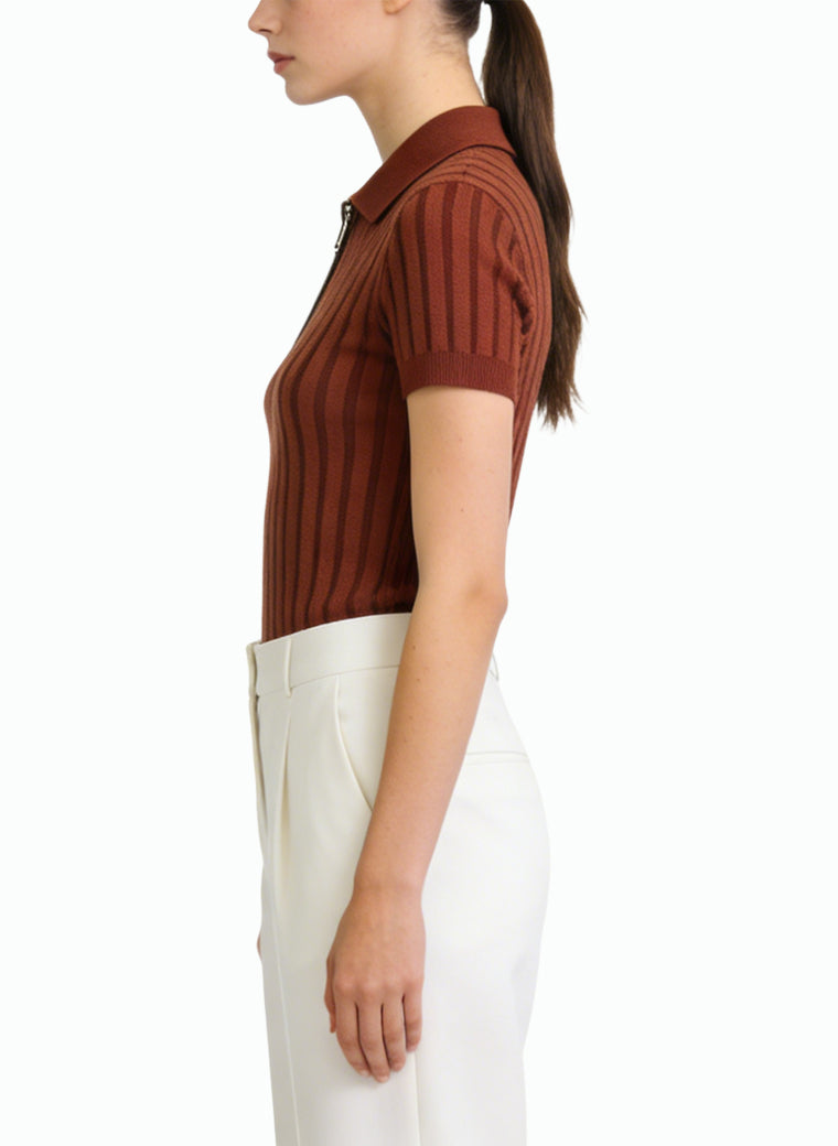 Women's Ribbed Half-zip Mock-neck Short Sleeve Top