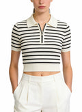Women's Striped Half-zip Cropped Short Sleeve Top