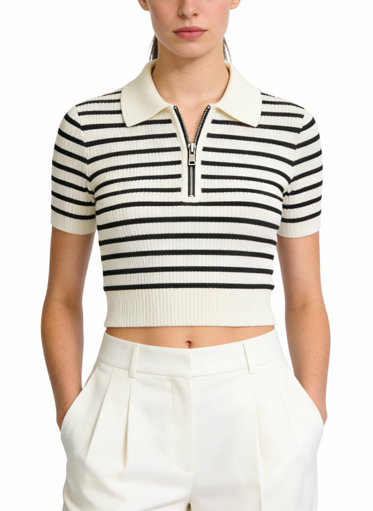 Women's Striped Half-zip Cropped Short Sleeve Top