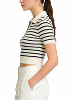 Women's Striped Half-zip Cropped Short Sleeve Top