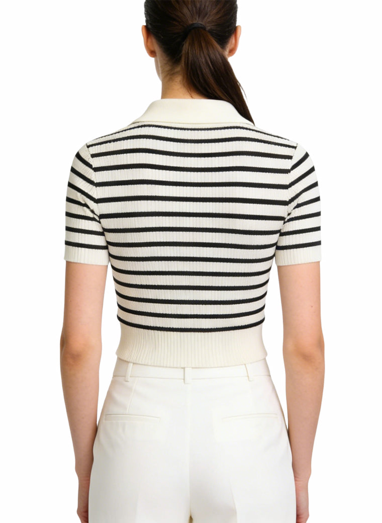 Women's Striped Half-zip Cropped Short Sleeve Top
