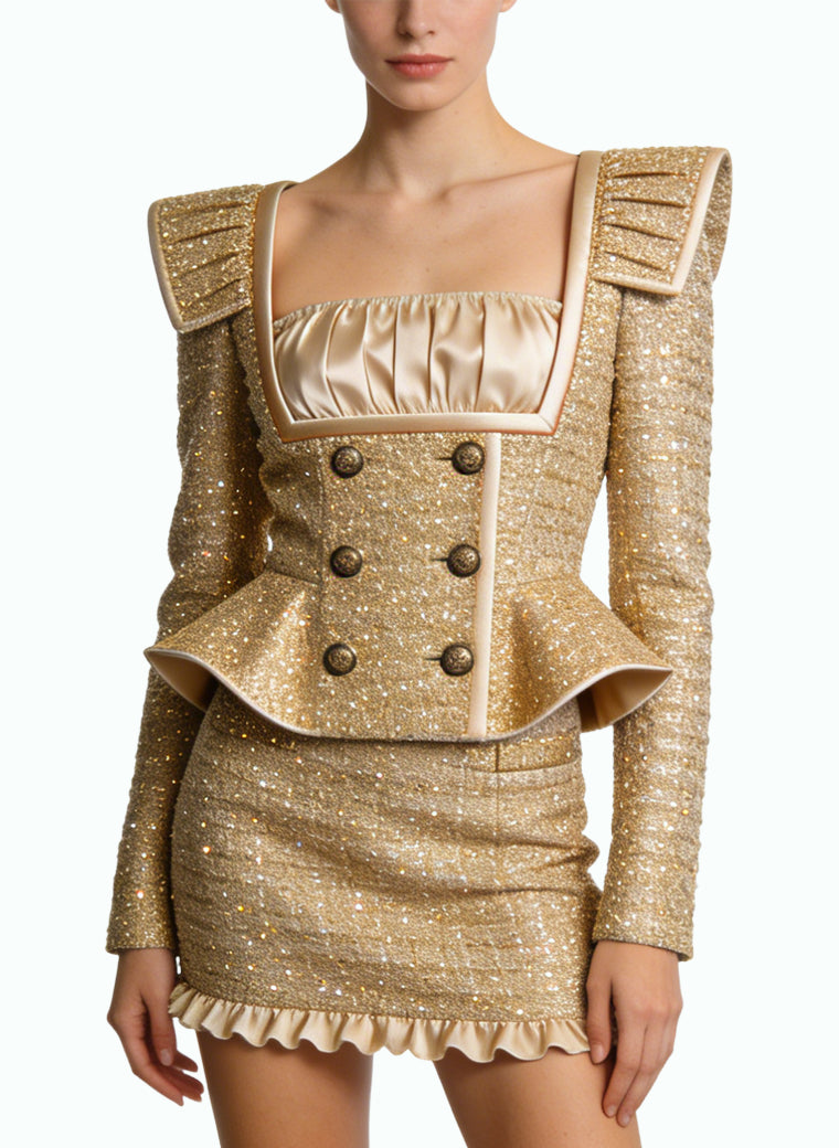 Sexy Square Neck Jacket and Mini Skirt Two-Piece Set