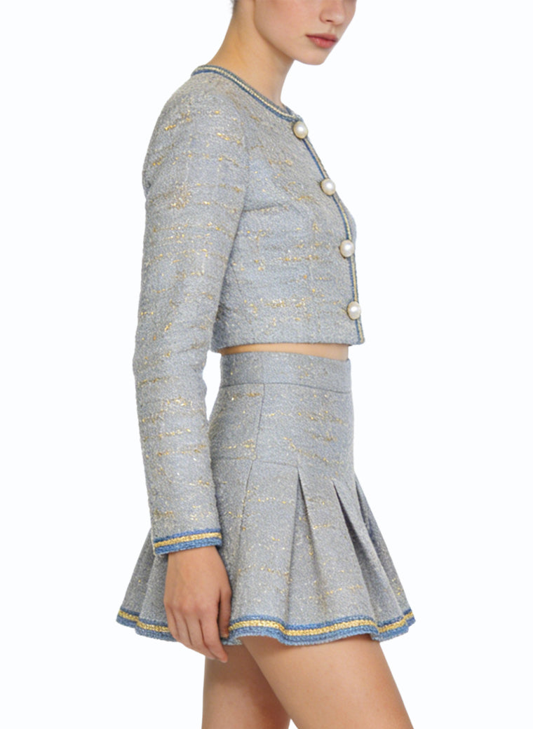 Round Neck Top and Pleated Skirt Two-Piece Set