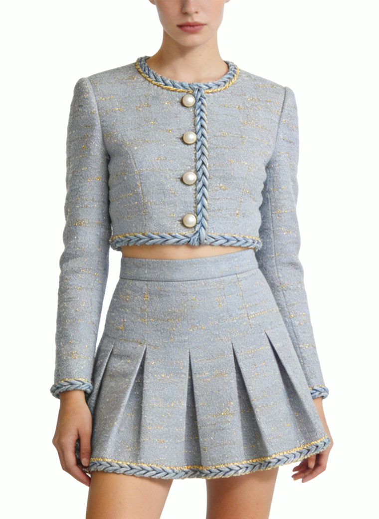 Round Neck High-Waisted Pleated Skirt Two-Piece Set