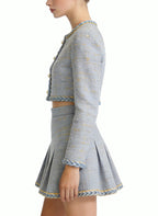 Round Neck High-Waisted Pleated Skirt Two-Piece Set