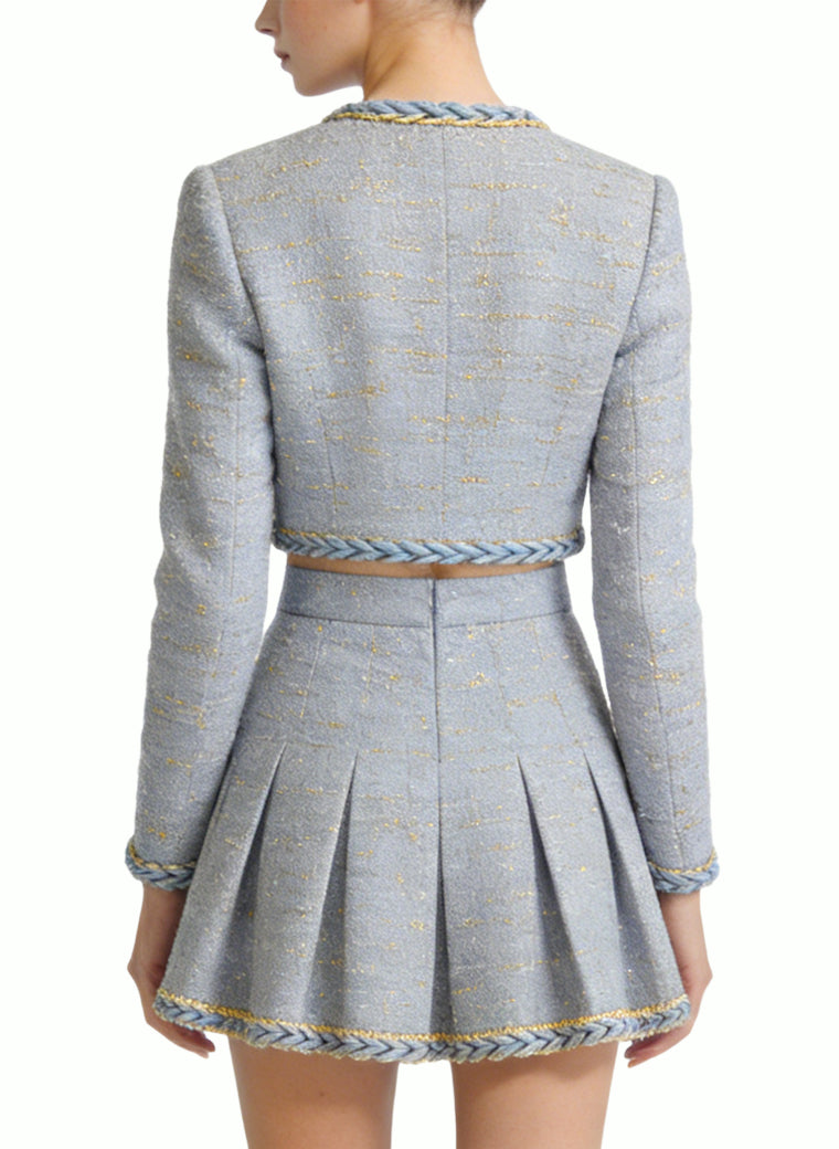 Round Neck High-Waisted Pleated Skirt Two-Piece Set